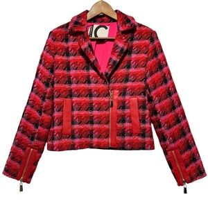 LOLA CASADEMUNT | Red Pink Tweed Moto Jacket Luxe Textured Barbiecore Glam Rock